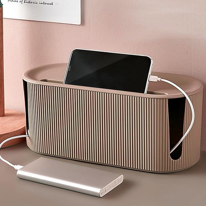 Cable Management Box,Desk Cord Organizer with Groove Cover,Plastic Cord Hider Box,Large Cable Box Organizer,Power Socket Management for TV/Computer/Router/Games Console Cable Storage (Milk Tea)