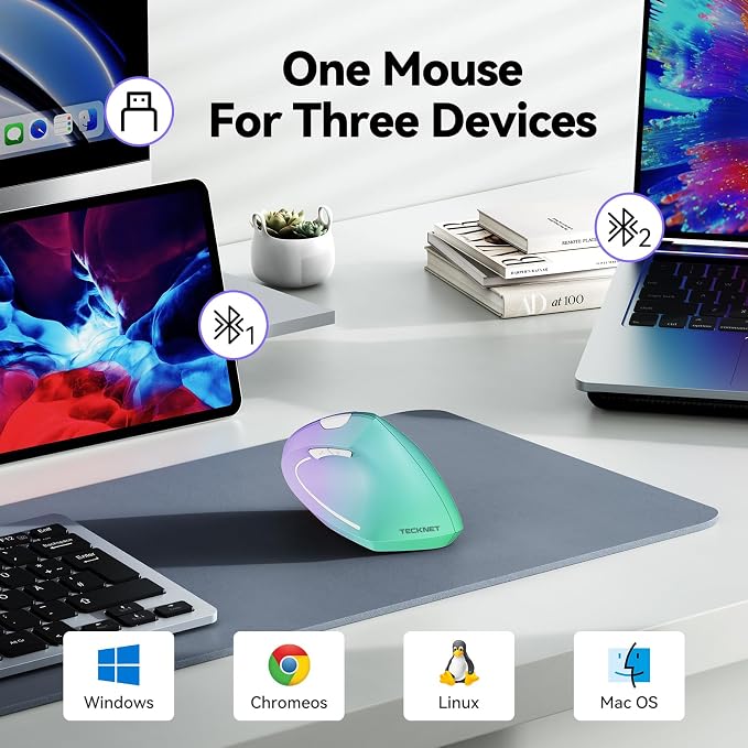 TECKNET Ergonomic Mouse, Wireless Bluetooth Vertical Mouse, 4800 DPI Optical Tracking, 6 Adjustable DPI, Quiet Clicks, 2.4GHz with USB A Receiver, 12 Months Battery, 6 Buttons, Wide Compatibility