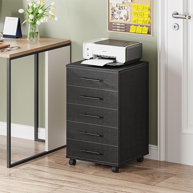 HOOBRO 5-Drawer File Cabinet, Office Cabinet with Drawers, Wooden Storage Cabinet with Wheels for Makeup, Home Office, Study, Easy Assembly, Black BK05WJ01