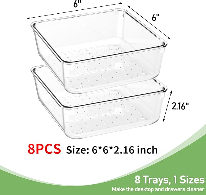 8 PCS Clear Plastic Drawer Organizer Tray, Acrylic Vanity Bathroom Drawer Organizers Trays, Small Desk Drawer Organizer Bins for Cosmetic, Makeup, Kitchen, Office, Drawer Divider Organization
