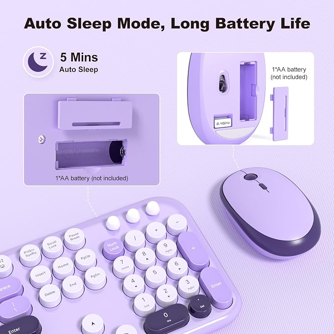 KNOWSQT Wireless Keyboard and Mouse Combo - Lovely Violet 2.4G Full-Sized Colorful Keyboards, Round Keycap USB Dongle Plug Play Cute Keyboards for Windows, Laptop, PC, Desktop, Mac