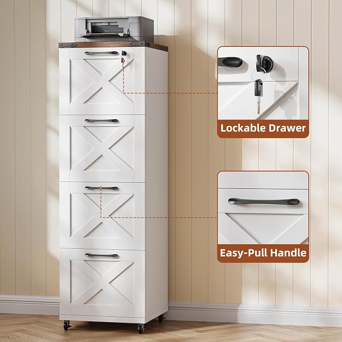 Vabches Vertical Farmhouse Locking Rolling File Cabinet, Office Filing Cabinet with 4 Drawers & Wheels for Hanging Files Letter/A4，Printer Stand for Home Office