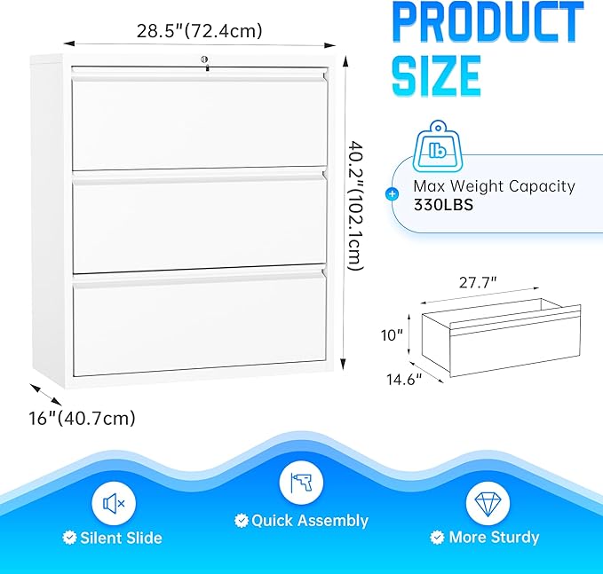 Greenvelly 3 Drawer Filing Cabinet, White Lateral File Cabinet with Lock, Lockable Metal File Cabinet for Home Office, Office File Cabinets for Legal/Letter/A4/F4 Size
