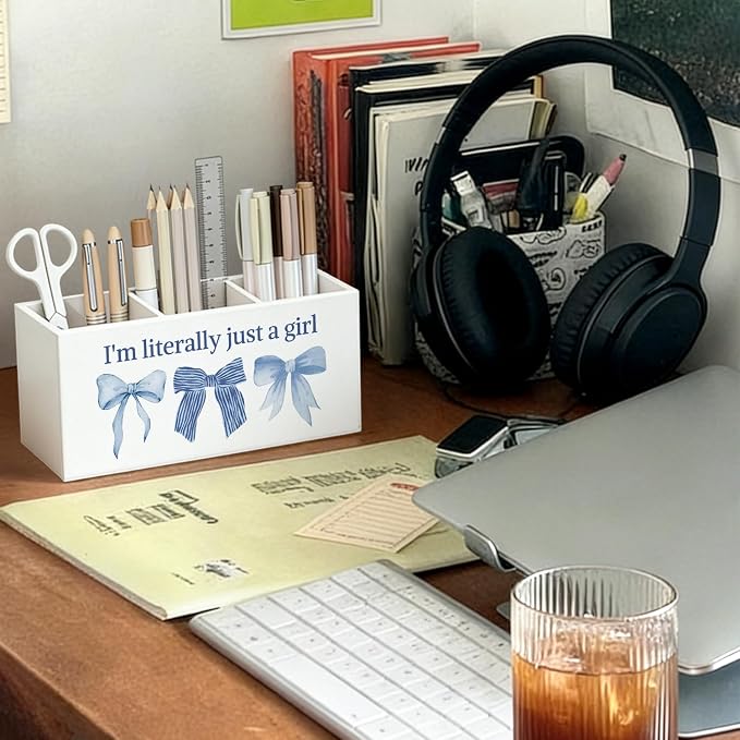 Coquette Blue Bow Pen Pencil Holder for Desk, Preppy Desk Decor, I'm Literally Just a Girl Preppy Aesthetic Wooden Box Sign Decorations for Girls Bedroom Room Dorm Tabletop
