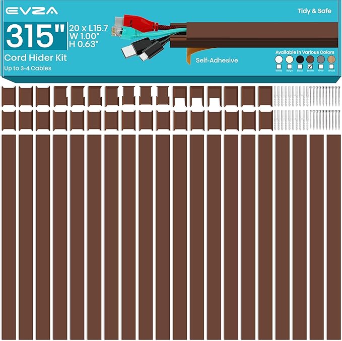 Brown Cable Cover Cord Concealer - 315in Wire Raceway, Hide Cables, Channel Kit, Wall Mount Cover, Hiding Strip, Management, Conduit, Molding