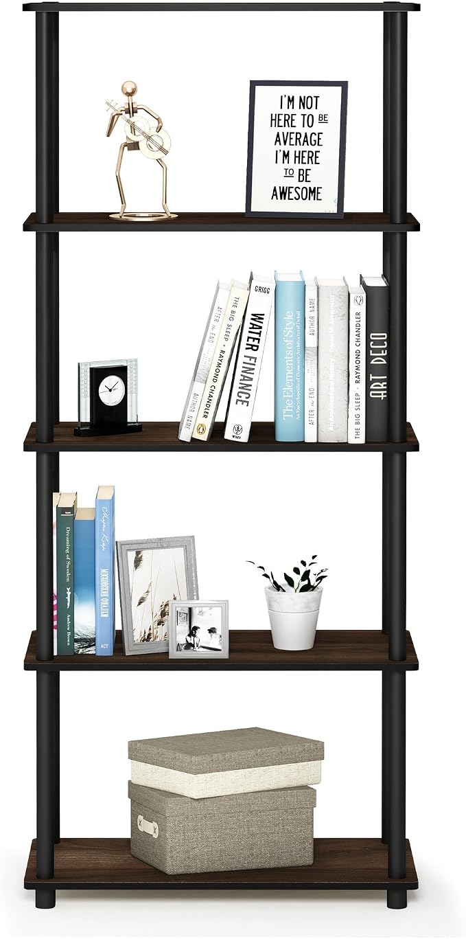 Furinno TURN-N-TUBE Storage Shelves, 5-Tier Book Shelf, Corner Shelf, Toolless Open Shelves, for Organization and Storage, Living Room, Garage, Home Office, Columbia Walnut