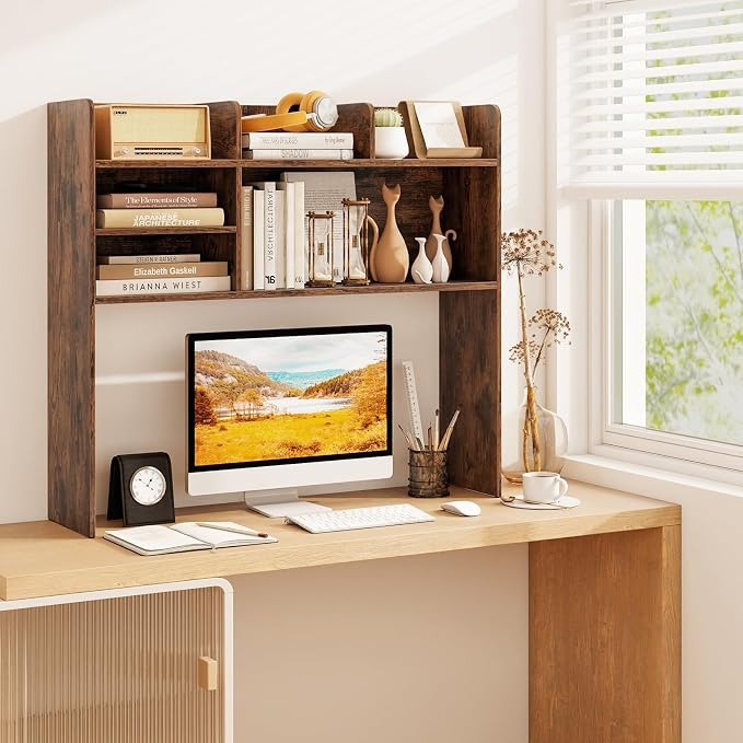 GOFLAME 6 Shelves Desktop Bookshelf, 37” Desk Hutch Dorm for Computer Monitor Up to 32”, 3-Tier Countertop Display Rack, Wood Desk Storage Organizer Shelf for Home Office, Study, Rustic Brown