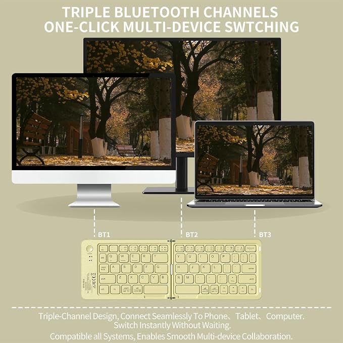 Foldable Bluetooth Keyboard with UV Printing Technology Rechargeable Keyboards,Compact Wireless Travel Keyboards for iPad, Smartphone, Tablet and Laptop - Z1 Pale Yellow