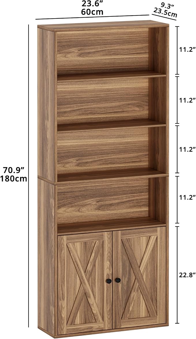 IRONCK Industrial Bookshelves and Bookcases with Doors Floor Standing 6 Shelf Display Storage Shelves 70 in Tall Bookcase for Home Office, Living Room