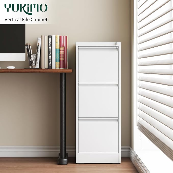 3 Drawer File Cabinet with Lock, Vertical File Cabinet with Lock, Locking File Cabinet Hanging Files for A4/ Legal/Letter,White