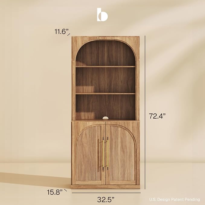 BELLEZE Tall Arched Storage Cabinet with Hutch,Modern Bookcase with Drawers,Freestanding Display Shelf with Fluted Design,Wood Highboard for Living Room,Kitchen Pantry,Home Office - Camel
