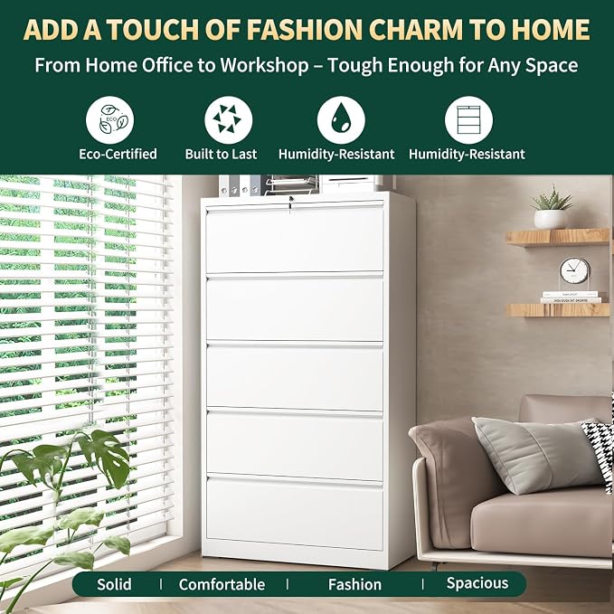 5 Drawer Lateral File Cabinet with Lock, File Cabinets for Home Office Legal/Letter A4 Size, File Cabinet Storage Cabinet, Require Assembly, White