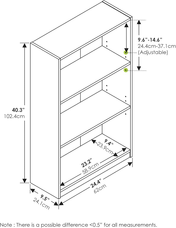 Furinno Jaya Book Shelf, 3-Tier Bookshelf, Bookcase with Adjustable Shelves, 9.5 x 24.5 x 40.3, for Organization and Storage, for Living Room, Bedroom, Home Office, White