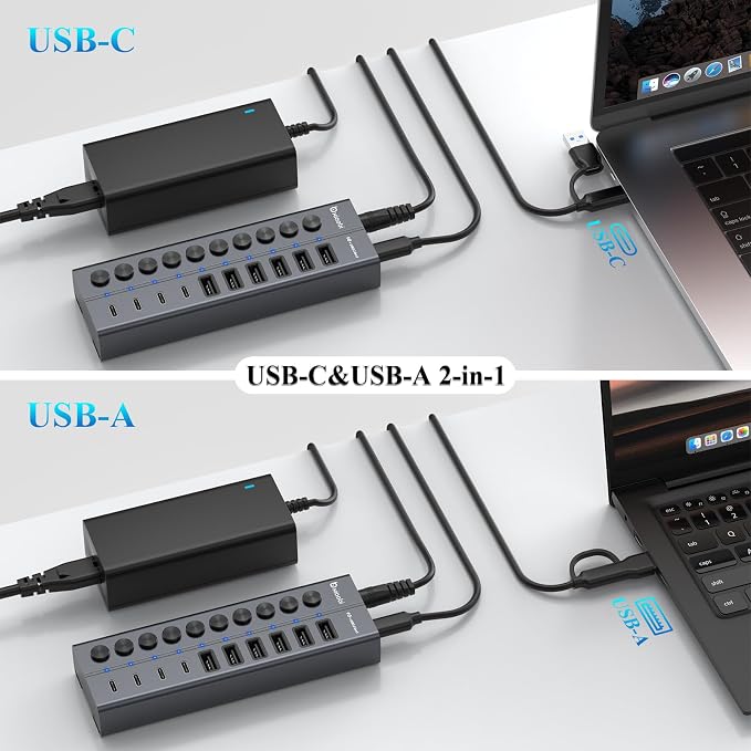 Powered USB Hub, 10-Port USB C Hub with 6 USB-A 3.2, 4 USB-C 3.2 Ports, Individual Switches and 12V/5A Power Adapter, Aluminum USB Extension for MacBook, Laptop/PC and More.