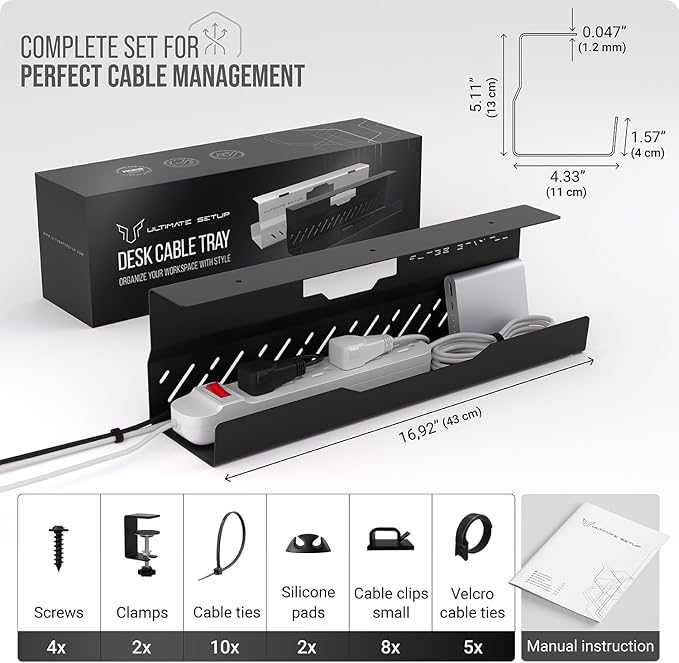Under Desk Cable Management Tray no Drill – Wire Management - Cord Organizer – Huge Load Capacity – Under Desk Cable Tray no Drill (Black, 1 Piece Set)