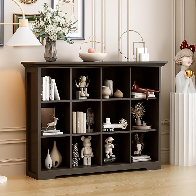OSCHF Cube Storage Bookcase with Base - Wooden 3 Tiers Floor Standing Open Shelf Cabinet for Home and Office, 12-Cube Lattice Bookshelf, Black