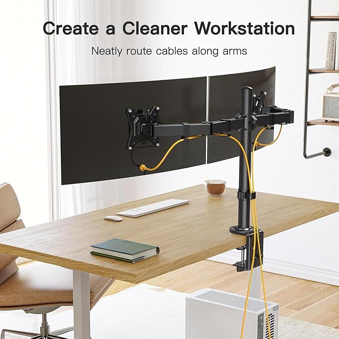 ErGear Dual Monitor Desk Mount for 13″–34″ Monitors up to 26.5 lbs, Fully Adjustable Monitor Stand Holds 2 Computer Screens, Heavy-Duty Dual Monitor Arm with C-Clamp & Grommet Base, Black, EGCM13B