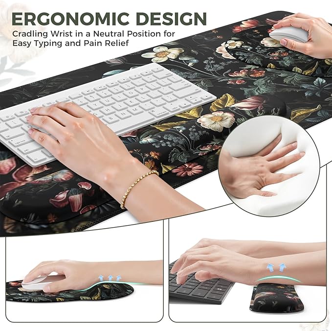 iCasso Desk Cover Mat, 4in1 Floral Large Mouse Pad with Wrist Rest, Desk Matt for Desktop, Anti-Slip XXL Big Computer Ergonomic Mousepad with Wrist Support for Keyboard and Mouse (Elegant Flowers)