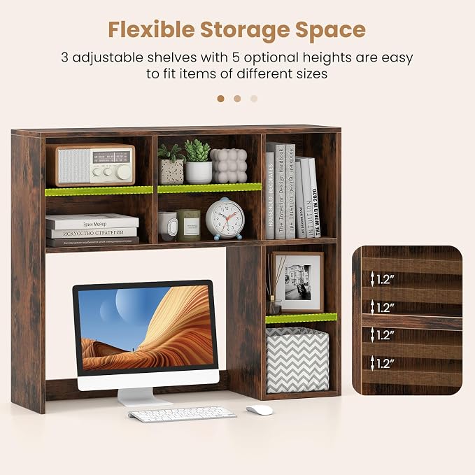 LDAILY Desktop Bookshelf, 37’’ Wood Desk Shelf with 7 Cubes & 3 Adjustable Shelves, 3-Tier Desk Display Rack, Desk Hutch for Dorm College Office Computer Monitor Up to 27’’ (Rustic Brown, 7 Shelves)