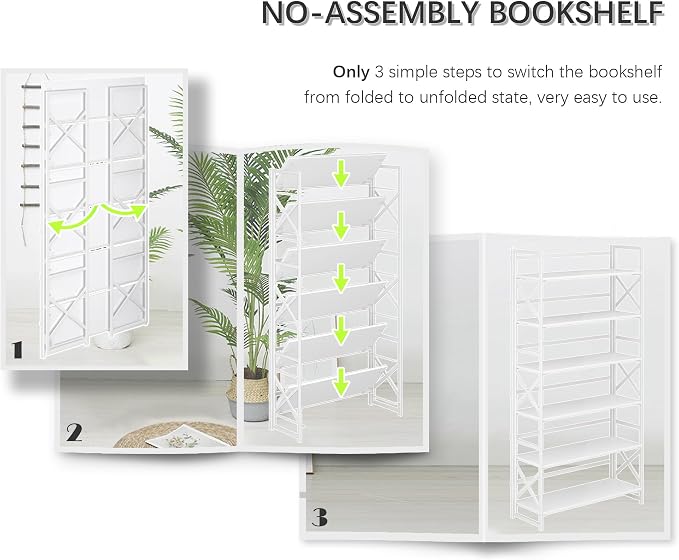 4NM Extra Wide 6 Tiers No Assembly Book Shelves, 61.8" H Folding Bookshelf Bookcase Open Industrial Foldable Shelves for Bedroom, Living Room, Home Office - All White