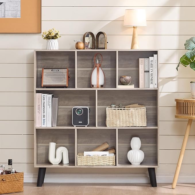 LEYAOYAO 8 Cube Bookshelf,3 Tier Bookcase with Legs,Modern Grey Mid-Century Bookshelves,Large Farmhouse Open Storage Organizer Shelf, Retro Wooden Display Book Case for Bedroom,Living Room,Office