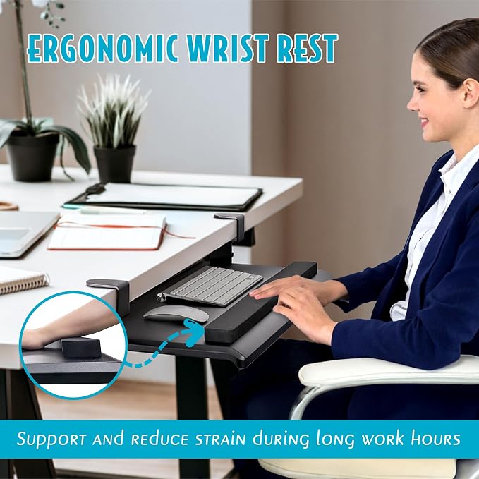 EHO Large Ergonomic C-Clamp Keyboard Tray Mount Under Desk with Wrist Rest, Slide-Out Platform 27.5" (31.8" Including Clamps) x 12.5", Pull Out Keyboard & Mouse Tray for Home or Office, Black