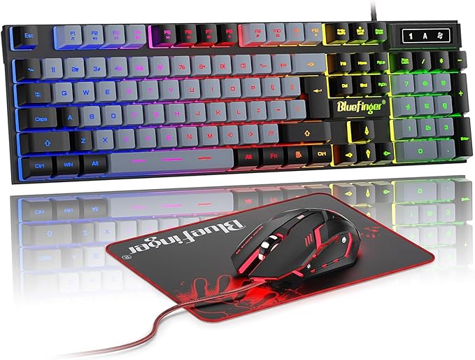 BlueFinger RGB Gaming Keyboard and Backlit Mouse Combo, USB Wired, LED Gaming Set for Laptop PC Computer Game and Work(Black & Gray)