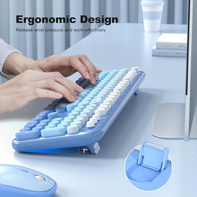 KNOWSQT Wireless Keyboard Mouse Combo - Lovely Blue-Gradient Rainbow Full-Sized Typewriter Colorful Keyboards, Round Keycap Plug Play Retro Cute Keyboards for Windows, Laptop, PC, Desktop, Computer