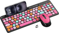 Colorful Wireless Keyboard and Mouse Combo - Round Keycaps, 2.4GHz Retro Typewriter Keyboard with Number Pad, Cute Compact USB Keyboard and Mouse for Computer PC Desktop Laptop (Pink & Black Colorful)