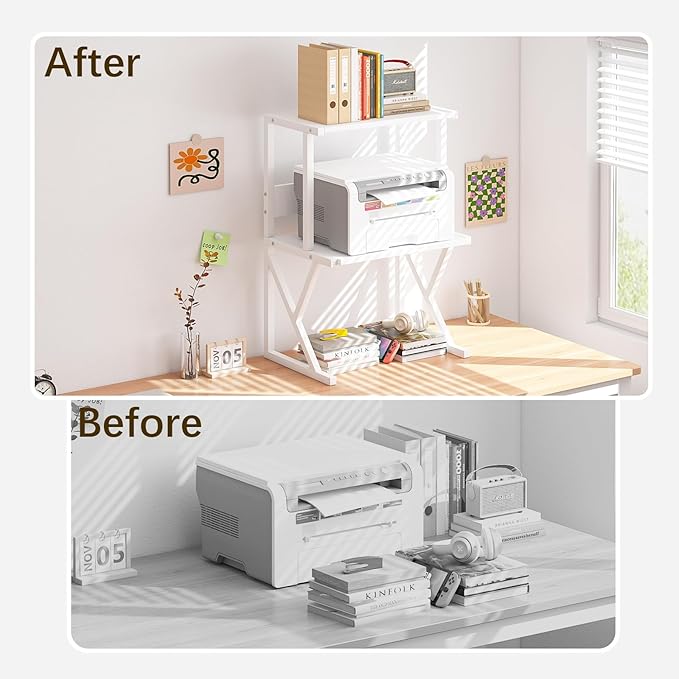 aboxoo Desktop Printer Stand with 3 Tier Wood Storage Shelves,Under Desk Printer Table,Multi-Purpose Home Office Desk Organizer for Fax Machine, Scanner (White)