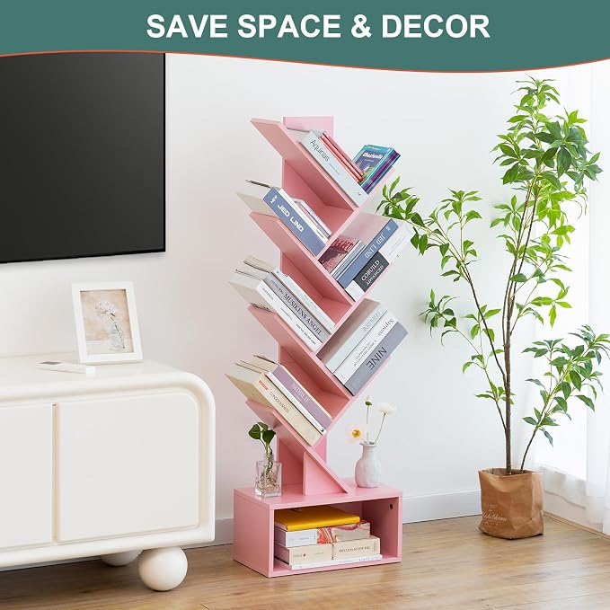 Yoobure Tree Bookshelf - 6 Shelf Retro Floor Standing Bookcase, Tall Wood Book Storage Rack for CDs/Movies/Books, Utility Book Organizer Shelves for Bedroom, Living Room, Home Office Pink