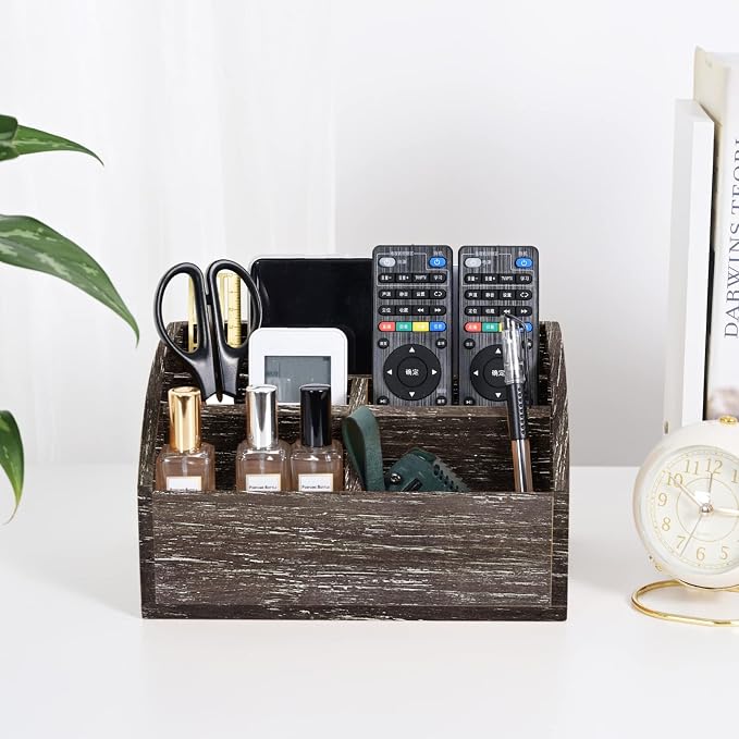 OKSQW Wood Desk Organizer, Solid Wooden Dark Brown Pen Holder for Desktop Organizer, No Need Assembly, Home Office Supplies Workspace Organizers Mail Holder Remote Control Countertop Storage Box