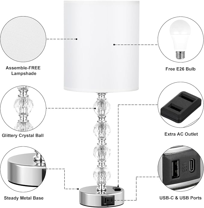 Touch Bedside Crystal Lamps for Bedrooms Nightstand with USB C+A Charging Port and AC Outlet White, 3 Way Dimmable Silver Large End Side Table Lamp for Living/Guest/Dinning Room/Kitchen