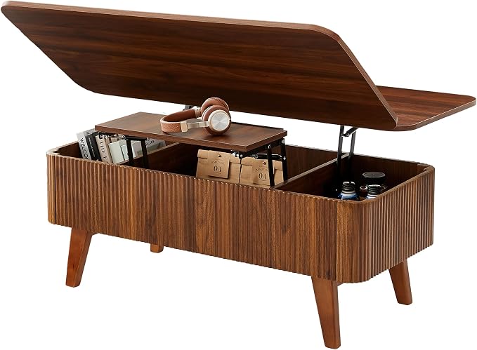 3 in 1 Lift Top Coffee Table, Fluted Convertible Coffee Tables Converts to Dining Tables, Modern Oval Wooden Center Table with Storage for Living Room Office Small Space, Partial Assembly (Walnut)