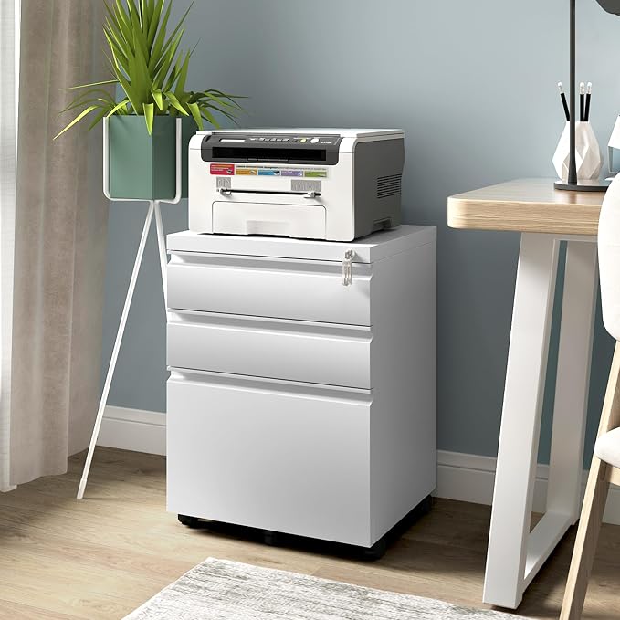 Approgreent Mobile File Cabinet for Home Office, Lockable 3 Drawer Filing Cabinet with Wheels for A4-Size/Letter-Size/Legal-Size, Fully Assembled Except Casters, White