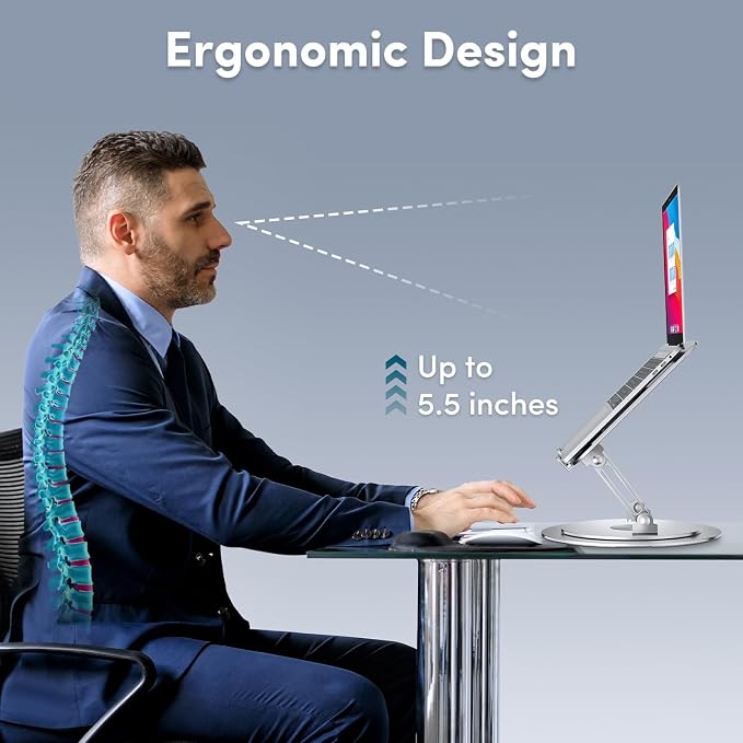Lifelong Adjustable Laptop Stand with 360° Rotating Base, Ergonomic Computer Stand for Desk, Foldable & Portable Laptop Riser Holder Fits All MacBook, Laptops 10-16 Inches, Silver