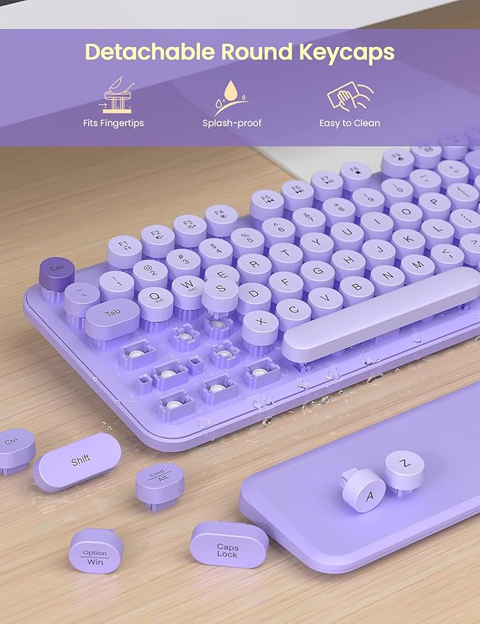 Wireless Keyboard and Mouse Combo - Cute Typewriter Keyboard with Detachable Wrist Rest, Retro Round Keycaps, Foldable Legs, 2.4GHz Full-Size Keyboard for PC, Laptop, Mac, Windows - Trueque (Purple)
