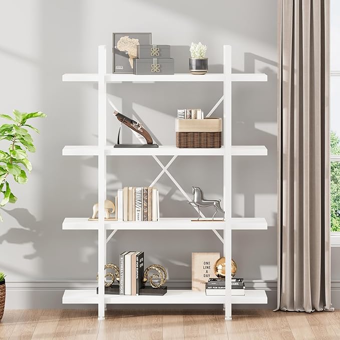 HSH 4 Tier White Bookshelf, Modern 4 Shelf Etagere Bookcase, Industrial Wood and Metal Storage Shelves and Display Book Rack, Farmhouse Open Wide Book Shelf for Bedroom Living Room Office, White Oak