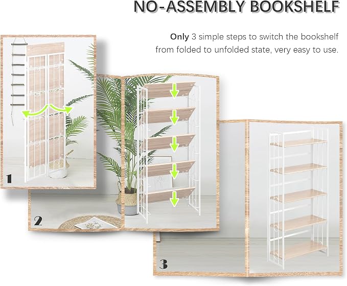 4NM No Assembly 5 Tiers Folding Bookshelf, 59.4" H Foldable Storage Shelves Vintage Bookcase Standing Racks Study Organizer Home Office - Natural White