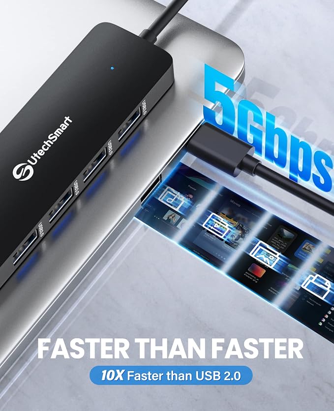 UtechSmart USB 3.0 Hub, 4 Port USB Hub Splitter with 5 Gbps Data Transfer, USB Expander Compatible for MacBook Pro 13/14/15/16, New Mac Air/Surface, ChromeBook, Multiport Charging & Connecting Adapter