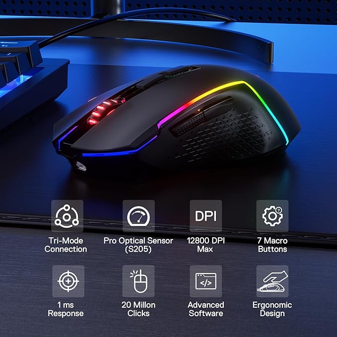Redragon M693 LIT Wireless Gaming Mouse, 12800 DPI Mice w/ 3-Mode Connection, BT & 2.4G Wireless, 7 Macro Buttons, Reliable Power Capacity for PC/Mac/Laptop