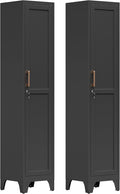 67"H Black Metal Locker with 1 Lockable Door and 4 Adjustable Shelves For Employees, 5 Tier Thin Storage Cabinet with Detachable Legs and Gold Handle for Kitchen,Office,Gym,School,Easy Assembly 2Pcs