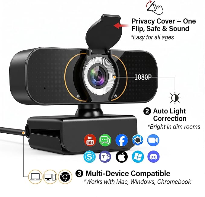 the Webcam for PC that Just Works - Every Time All Platforms | Plug and Play No Driver Needed, Crystal Clear 1080p Full HD, Your Privacy Physically Protected, Mount It Anywhere in Seconds