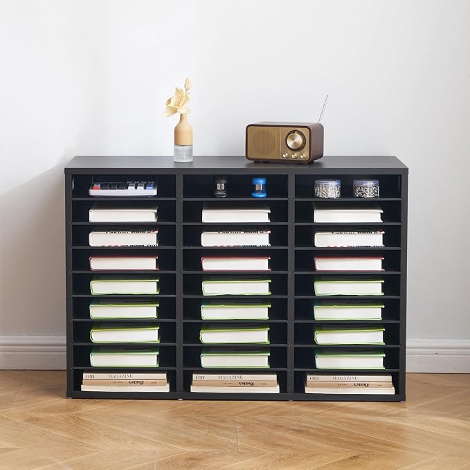 VEVOR Literature Organizer, 27 Compartments Office Mailbox with Removable Shelves, Wooden Mailbox Sorter Particle Board Office Home Classroom Storage, File Sorter for Files, Documents, Papers, Black