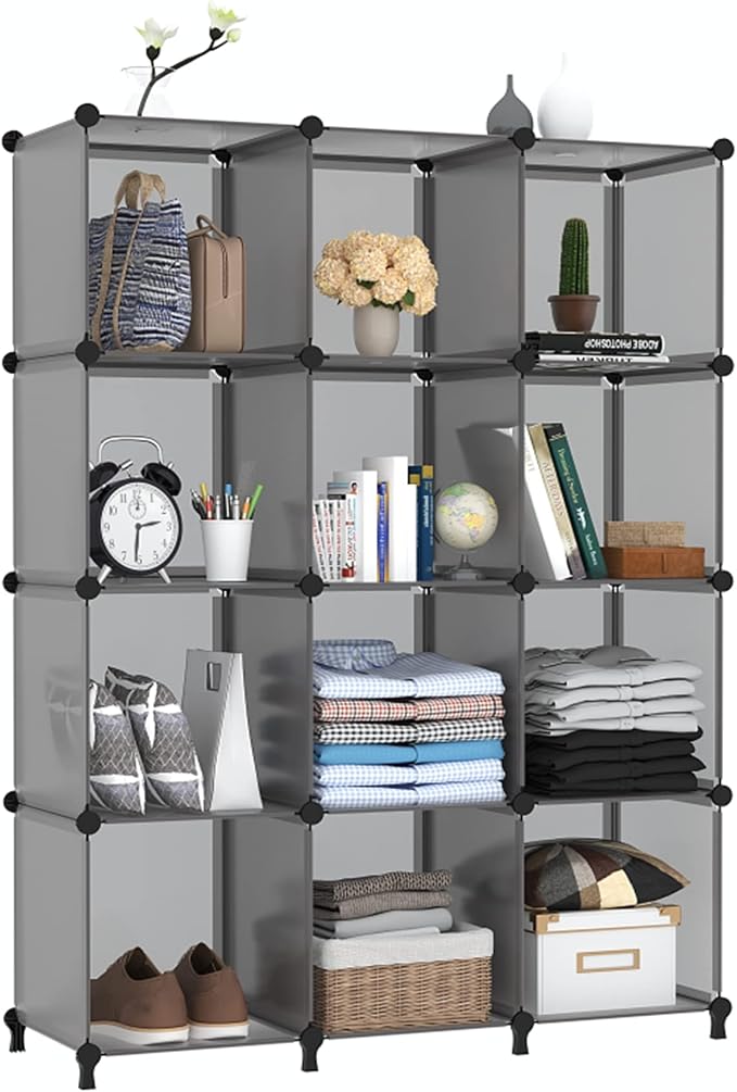 AWTATOS Cube Storage Organizer Closet Storage Cubes Shelves Bookshelf Clothes Organizer DIY Plastic 12 Cube Shelves for Home, Bedroom, Grey ULPZ022