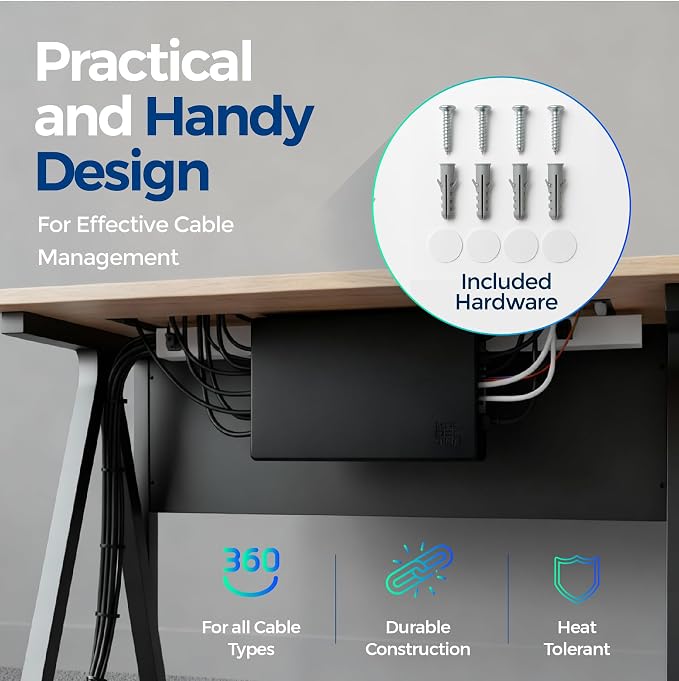 Cable Management Box with Included Mounting Hardware – ABS Cord Organizer (12,7 x 7,8 x 4,5 in) | Heat-Tolerant Power Strip & Cable Storage | Wall-Mountable or Floor Use