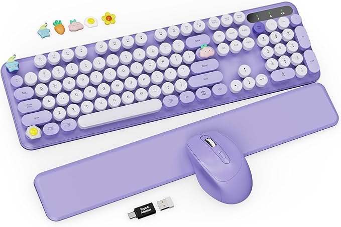 Wireless Keyboard and Mouse Combo - Cute Typewriter Keyboard with Detachable Wrist Rest, Retro Round Keycaps, Foldable Legs, 2.4GHz Full-Size Keyboard for PC, Laptop, Mac, Windows - Trueque (Purple)