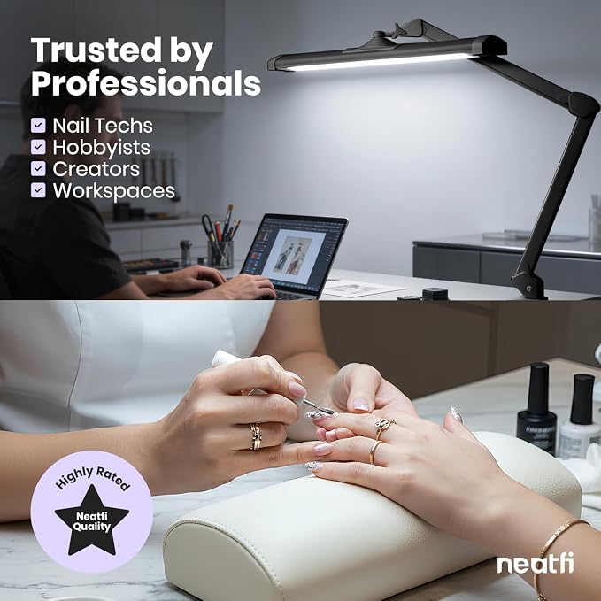 Neatfi Ultra 3,500 Lumens LED Desk Lamp with Clamp – 45W, 270 SMD LEDs, Shadow-Free | Adjustable Brightness | Task Light for Nail, Craft & Office (Black, 26-Inch Wide Shade)
