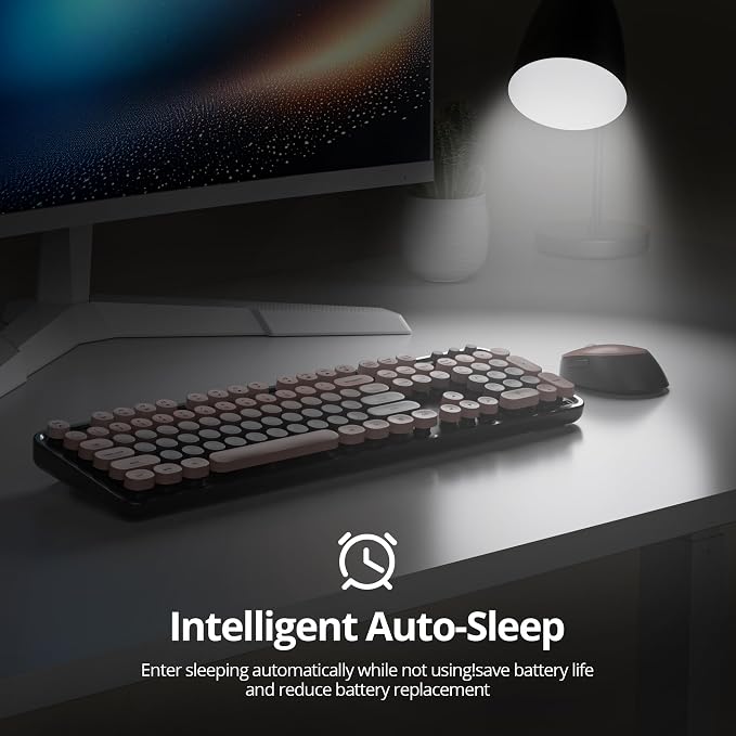 Guffercty kred Pink and Black Keyboard Mouse Wireless, Retro Typewriter Round Keycaps Full-Size Wireless Keyboard 2.4GHz for Desktop Laptop and PC (Dark Plum)
