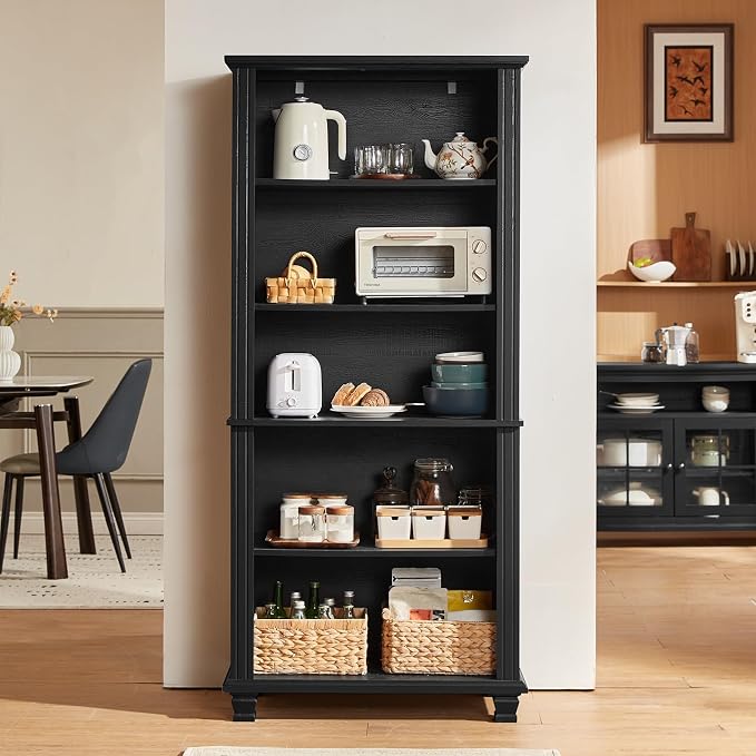 SAVOR LIFE 70" Tall Black Bookshelf,5 Tier Wooden Book Shelf with Adjustable Shelves & Wood Legs,Free Standing Farmhouse Bookcase with Open Display Storage,Vintage Bookshelves for Living Room, 3PCS
